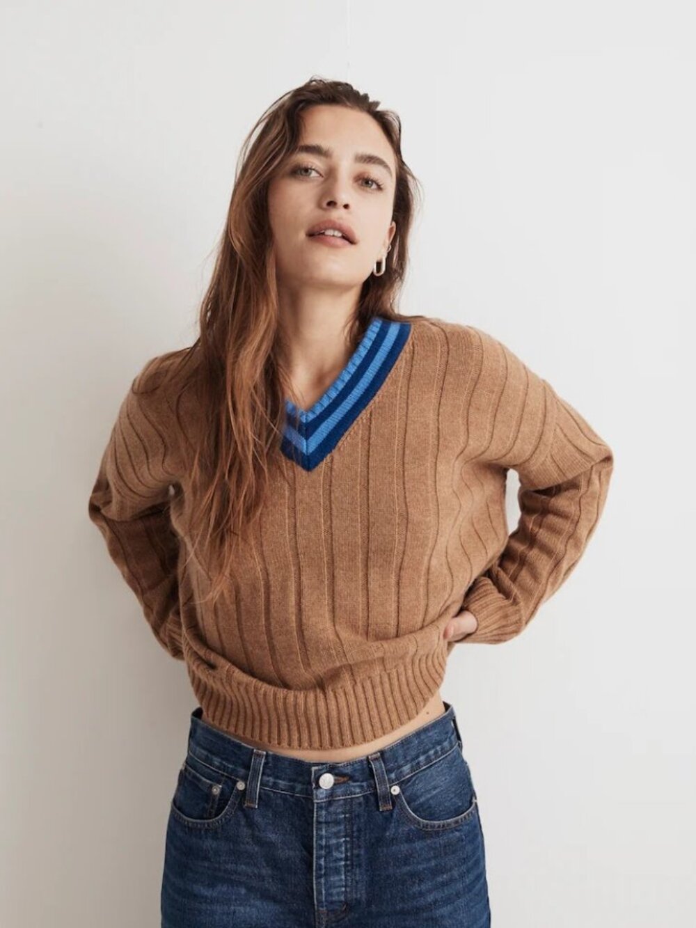 Madewell Tipped V-Neck Oversized Sweater XS Heather Caramel Blue Varsity Wool